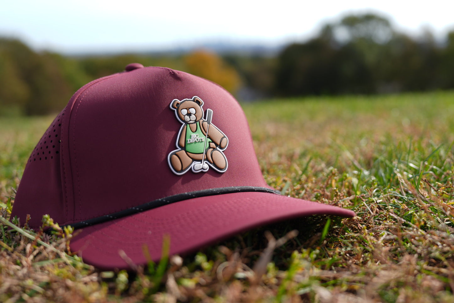 Divots Teddy Bear Branded Bills Performance Hat (Maroon w/ Black Rope)